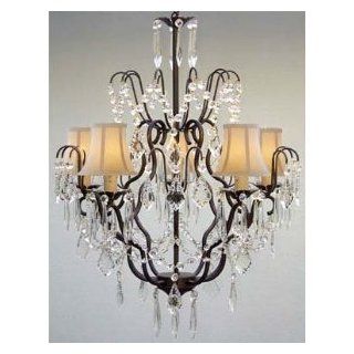 New Wrought Iron & Crystal Chandelier With White Shades H27" x W21"   Black Wrought Iron Crystal Chandelier  