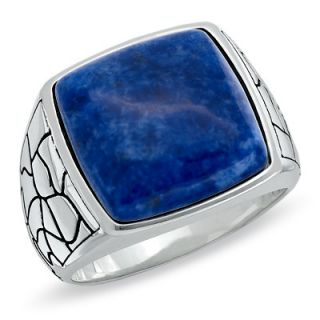 Mens Sodalite Ring with Cracked Pattern Shank in Sterling Silver