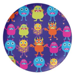 Funny Monster Party Cute Creatures on Blue Dinner Plate