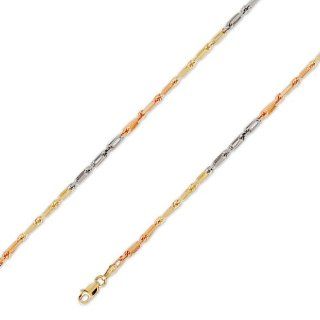 14K Solid 3 Tri Color Gold Baguette Rope Chain Necklace 2.5mm (3/32") 18" IceNGold Jewelry