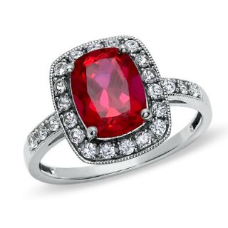 Cushion Cut Lab Created Ruby and White Sapphire Frame Ring in 14K