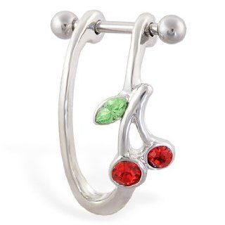 Straight Helix Barbell With Dangling Cherry Cuff, 16 Ga, Ear Postitioning Left Helix Piercing Body Piercing Barbells Jewelry