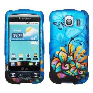 Blue Hawaiian White Flower Butterfly Vine Rubberized Snap on Hard Shell Cover Protector Faceplate Cell Phone Case for Sprint LG Optimus S LS670Virgin Mobile Optimus V, USCellular Optimus U + LCD Screen Guard Film Cell Phones & Accessories