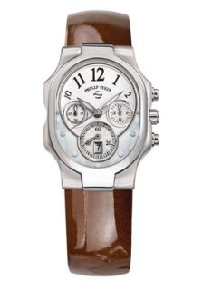 Philip Stein 22FMOPLCH  Watches,Womens Classic Chronograph Silver/White MOP Dial Brown Patent Leather, Chronograph Philip Stein Quartz Watches