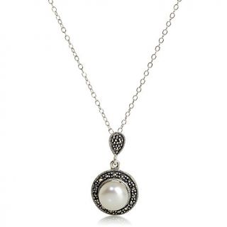 Cultured Freshwater Pearl and Marcasite Sterling Silver Pendant with 18" Chain