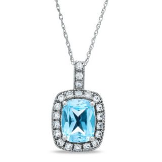 Cushion Cut Blue Topaz and Lab Created White Sapphire Pendant in 14K
