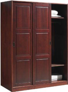 100% Solid Wood Wardrobe•Armoire•Closet with 3 Sliding Raised Panel Doors • 52"w x 72"h x 22.5"d • Mahogany • 5 Shelves (1 Large, 4 Small), 1 Hanging Bar Included • Optional Additional Shelves Sold S