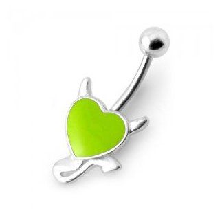 Devil 925 Silver Belly Button Ring with Rexine Apple Green Heart   Body Piercing & Jewelry by VOTREPIERCING   Size 1.6mm/14G   Length 10mm   Small ball 05mm Jewelry