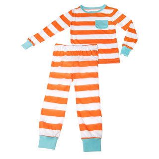 Girls Orange And Blue Stripe Printed Pajama Set