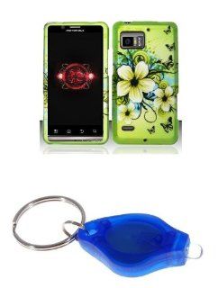 Premium Green Hawaiian Flower and Black Butterfly Design Rubberized Shield Hard Case Cover + Atom LED Keychain Light for Motorola DROID BIONIC XT875 (Verizon) Cell Phones & Accessories