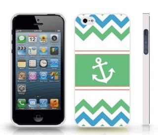 Chevron Pattern Ocean Blue/ Light Green/ Orange Stripes, With White Anchor Snap on Cover Hard Carrying Case for iPhone 4/4S (WHITE) Cell Phones & Accessories