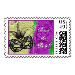 Mardi gras Save the Date with mask and feathers Postage