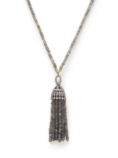 Labradorite & CZ Crown Tassel Pendant Necklace by Grand Bazaar   New York