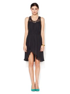 Lace Yoke Silk Sheath Dress with Faux Leather Trim by The Letter