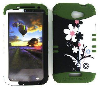 HTC ONE X S720E BLACK WHITE FLOWERS HEAVY DUTY CASE + DARK GREEN GEL SKIN SNAP ON PROTECTOR ACCESSORY Cell Phones & Accessories