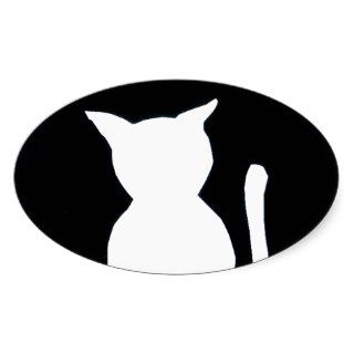 Cat   Black and White Cat Silhouette Art Decor Oval Sticker