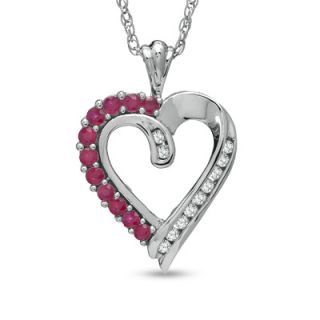 Ruby and Lab Created White Sapphire Heart Shaped Pendant in Sterling