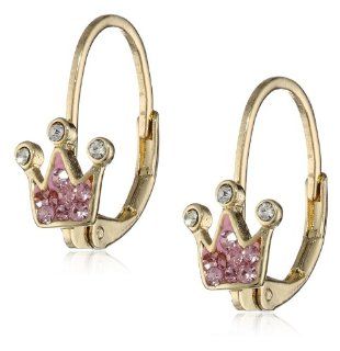 Molly Glitz Girls' 14k Gold Plated Pink Crystal Crown Leverback Earrings Stud Earrings Jewelry