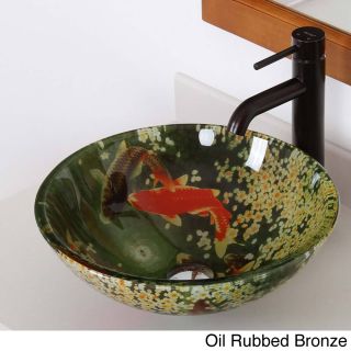 Elite N125f371023 Koi And Lily Pond Tempered Glass Bathroom Vessel Sink With Faucet Combo