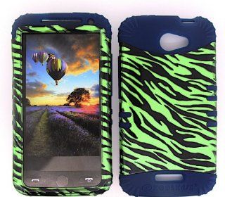 HTC ONE X S720E TRANSPARENT GREEN ZEBRA HEAVY DUTY CASE + DARK BLUE GEL SKIN SNAP ON PROTECTOR ACCESSORY Cell Phones & Accessories