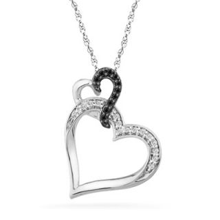 10 CT. T.W. Black and White Diamond Tilted Double Heart Pendant in