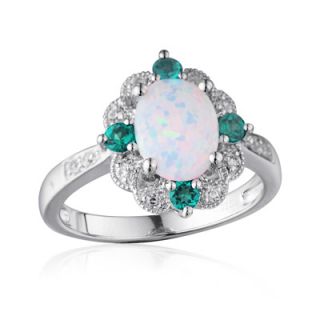 Oval Lab Created Opal, White Sapphire and Emerald Ring in Sterling