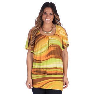 24/7 Comfort Apparel Womens Plus Size Abstract Print Split Sleeve Banded Top