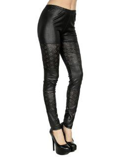 New Fashion Womens Girls Faux Leather Black Tight floral cut out Leggings Pants Sports & Outdoors
