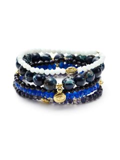 Set Of 5 Blue Multi & Gold Evil Eye Charm Stretch Bracelets by Good Charma