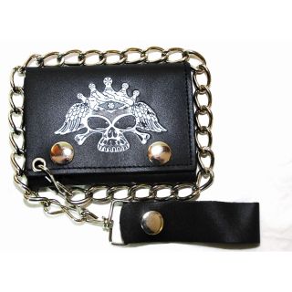 Hollywood Tag Skull With Wings Leather Tri fold Chain Wallet
