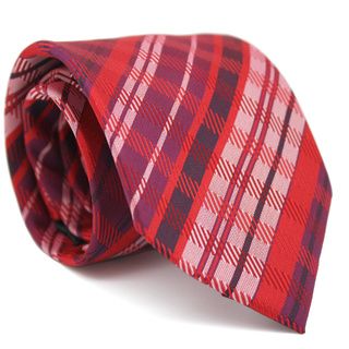 Ferrecci Slim Red Plaid Classic Necktie With Matching Handkerchief   Tie Set