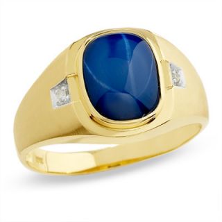 Mens Oval Lab Created Star Sapphire Ring in 10K Gold with Diamond