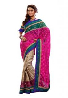 Fabdeal Women Indian Designer Embroidery Saree Magenta & Tan Clothing