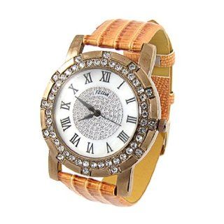 Rhinestone Copper Color Case Rome Number Dial Brown Snake Print Faux Leather Band Wristwatch Watches