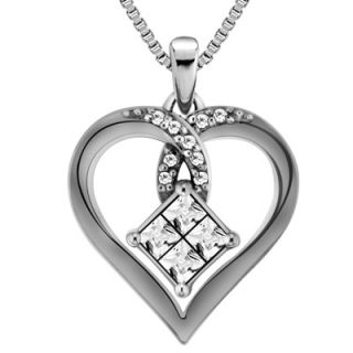 CT. T.W. Princess Cut Quad Diamond Heart Pendant in Sterling
