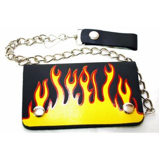 Hollywood Tag Yellow Flames Print Leather Bi fold Chain Wallet