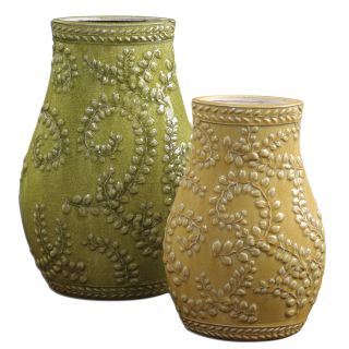 Trailing Leaves Pale Yellow/ Light Green Ceramic Vases (set Of 2)