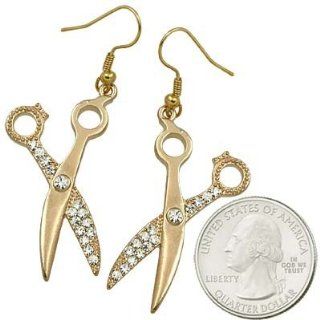 Trendy Sparkling Clear Crystal 1.25" Scissors Barber Shears Charms Dangle Earrings Gold Tone Jewelry