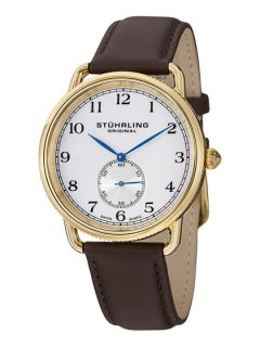 Mens Gold & Brown Leather Watch by Stuhrling Original
