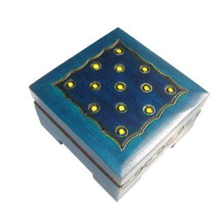 Wooden Box, 5424, Traditional Polish Handcraft, Hinged, Blue with Branded and Brass Inlaid Dots, 3"x3"x1.5" with .25" Foot.  Decorative Boxes  