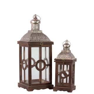 Antiqued Brown Wooden Lanterns (set Of 2)