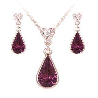 Golden Plated Rain Drop Deep Purple Swarovski Crystal Necklace and Dangle Earrings Jewelry Set S73 Jewelry