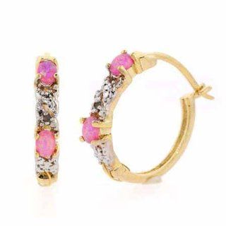 Gold Tone over Sterling Silver Created Pink Opal & Diamond Accent X & Oval Hoop Earrings Jewelry
