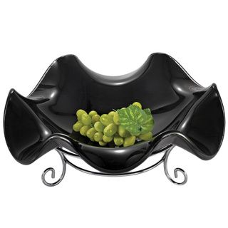 Black Glass Fruit Bowl With Silver Stand