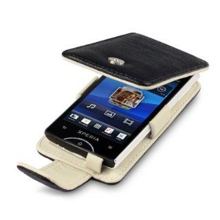 SONY ERICSSON XPERIA RAY GENUINE LEATHER FLIP CASE   BLACK, CREAM INSIDE, BY TERRAPIN, WITH QUBITS BRANDED MICROFIBER CLEANING CLOTH Cell Phones & Accessories