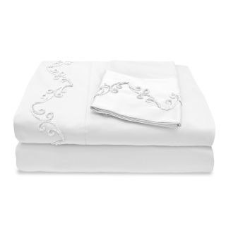 Veratex Grand Luxe 300 Thread Count Egyptian Cotton Deep Pocket Sheet Set With Chenille Embroidered Scroll Design White Size Twin