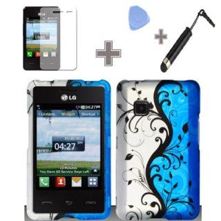 Rubberized Blue Black Silver Vine Flower Snap on Design Case Hard Case Skin Cover Faceplate with Screen Protector, Case Opener and Stylus Pen for LG 840g   StraightTalk/ Net 10/ Tracfone Cell Phones & Accessories