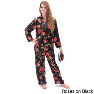 Alexander Del Rossa Del Rossa Womens Classic Satin Pajama Set Black Size M (8  10)