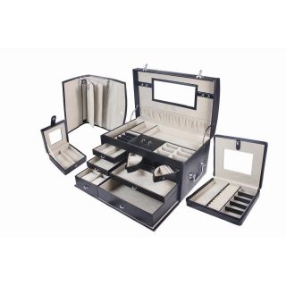 Seya Black Leather Jewelry Box Chest With Removable Travel Cases