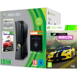 Xbox 360 250GB Holiday Forza Bundle (Includes Forza Horizon, Forza 4 Essentials Edition, Skyrim Live DLC, 1 Month Xbox Live)      Games Consoles